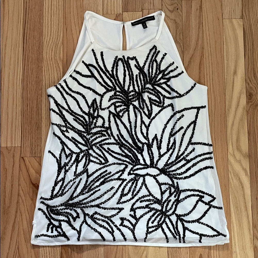 White House Black Market Black and White Floral Beaded Tank Top